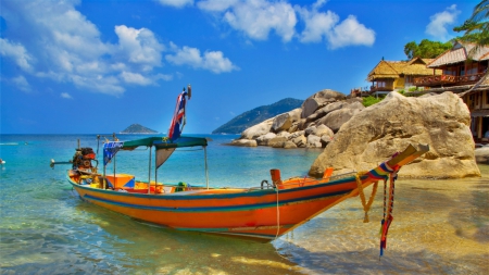 boat ashore at a resort in thailand - shore, boat, sea, resort, rocks, sky