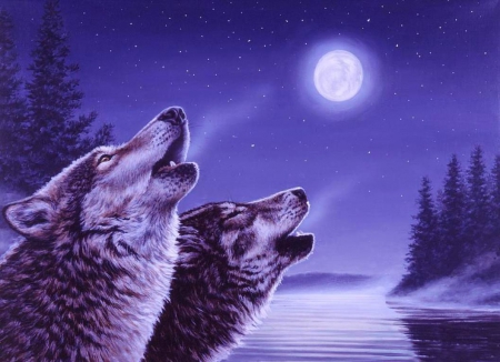 Song of the North - wolves, moon, howl, artwork, snow, winter