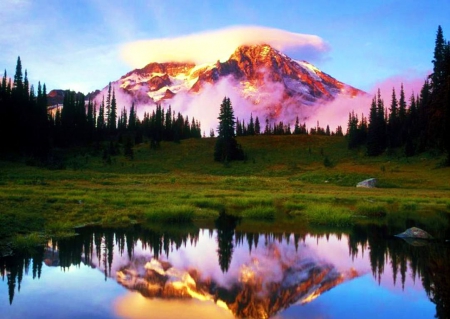 Perfect Refection - clods, firs, lake, landscape, water