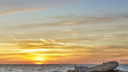 wonderful ocean sunset hdr - horizon, shore, hdr, sunset, rock, sea