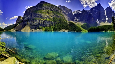 Beautiful Lake Of Crystal Waters - summer, Canada, turquoise, forest, mountains, Moraine