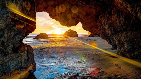 amazing beach cave in sunrise hdr - cave, rocks, rays, beach, sea, sunrise, hdr