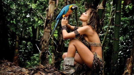 Beauty And Her Bird - birds, people, legs, beautiful, parrot, forest, nature, brunette, sexy, animals