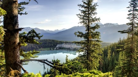 hotel on lake louise in canada - lake, hotel, resort, forest, mountains