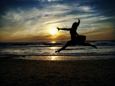 Catch the Sun - women, ocean, beach, clouds, ballet, sun, sand