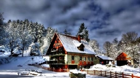 Winter cabin - winter, cabin, sky, snow