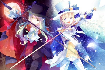 the prince and the vampire - moon, anime, sword, blond hair, long hair, red eyes, short hair, pretty girl, cute girl, white suit, blue eyes, silver hair