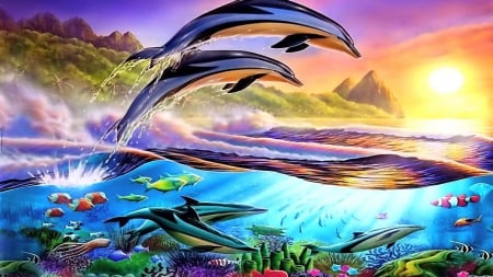 Dolphin paradise - fish, sunset, sea, underwater, dolphin