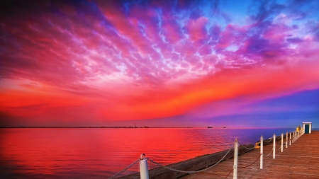 Amazing Scenic sky - evening, beach side, silent sea, colors of nature, blu, white, sunset, red, sun, sky