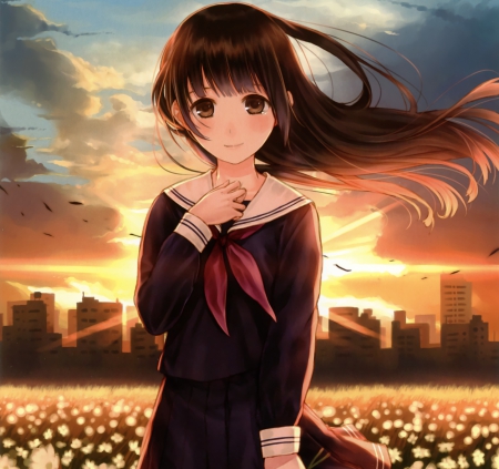 Sunset - pretty, female, scenery, scene, sunrise, night, flower field, field, nice, breeze, house, ray, beauty, flower, wind, sunset, cute, building, anime, kawaii, windy, long hair, dark, hd, sky, anime girl, beautiful, girl, scenic, lovely, sweet, glow, me, cloud