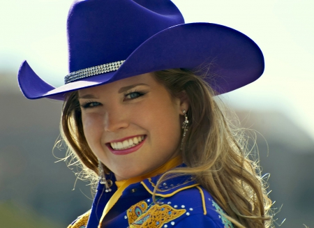 Cute young cowgirl - girl, hat, image, wallpaper, expression, blue, color, smile, new