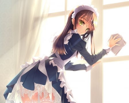 Maid - nice, female, cleaning, anime girl, brown hair, curtain, pretty, window, anime, girl, light, long hair, apron, lovely, hd, glow, kawaii, sweet, maid, dress