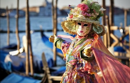 Venice Carnival - hat, water, blue, flower, pink, mask, venice, woman, carnival