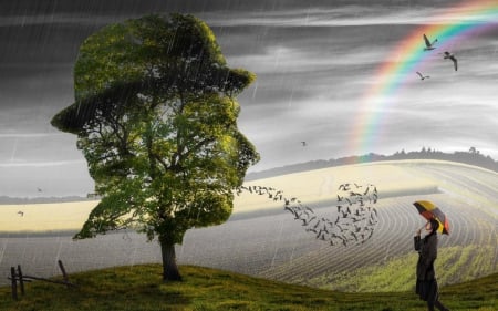 Fantasy - rain, photomanipulation, bird, spring, umbrella, rainbow, hat, tree, woman, green