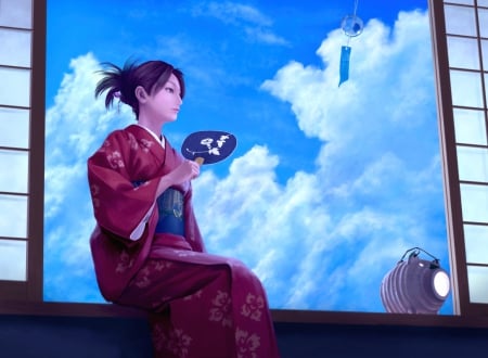 Geisha - cloud, red, pink, fan, window, anime, girl, blue, manga, geisha, kimono, japanese, asian, woman