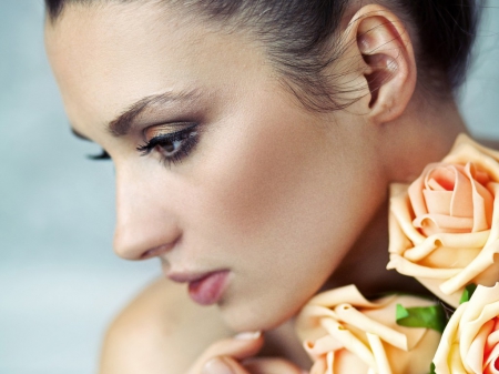 Pretty face - face, roses, woman, model