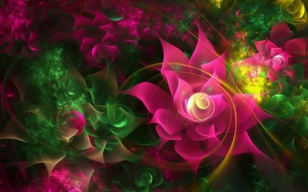 Roses - fractal, abstract, pink, red, green, rose, flower