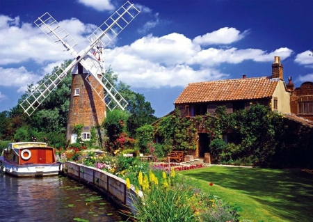 Windmill at River - nature, ship, clouds, house, mill