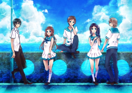 Nagi no Asukara: A Lull In The Sea - clouds, hiradaira chisaki, anime, isaki kaname, birds, sakishima hikari, mukaido manaka, sea, ocean, group, Nagi no Asukara, kihara tsumugu, friends, A Lull in the Sea, sky, blue eyes