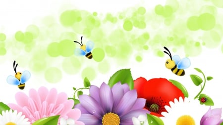 Spring Bees - summer, garden, bees, bright, bokeh, flowers, spring