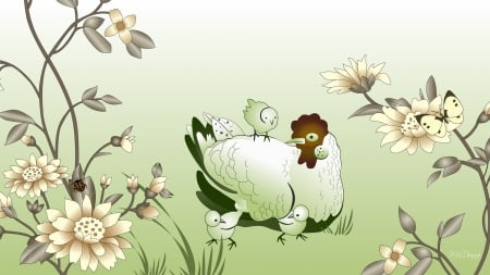 Spring Chicken - chick, fresh, lady bug, spring, ladybug, chicken, butterfly, chicks, green, flowers