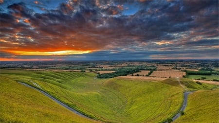 lovely rural uffington england - road, clouds, fields, sunset, grass