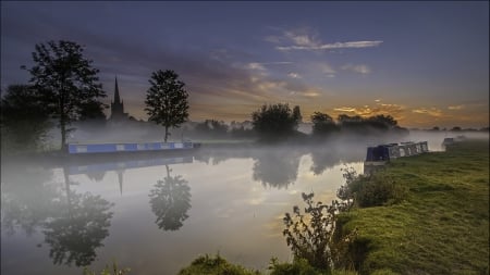 barges on a foggy thames river in lechlade england - river, trees, town, fog, barges, church, reflection