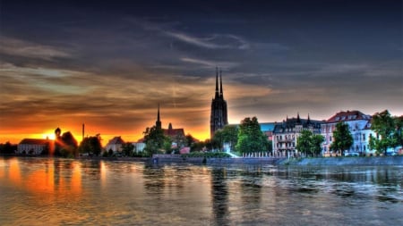 wonderful sunset on a river town hdr - town, river, church, sunset, hdr