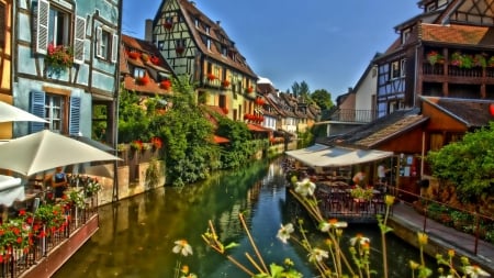 restaurants on a city canal hdr - flowers, city, canal, restaurants, hdr