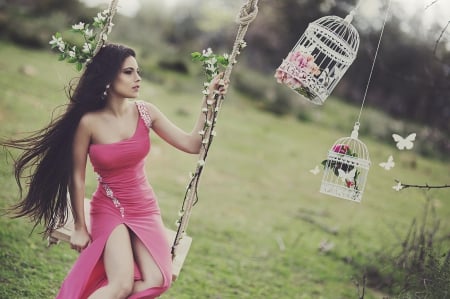 Spring Feeling - beautiful, photography, girl, beauty, spring, pink, flowers, swing, woman, birdcage, brunette