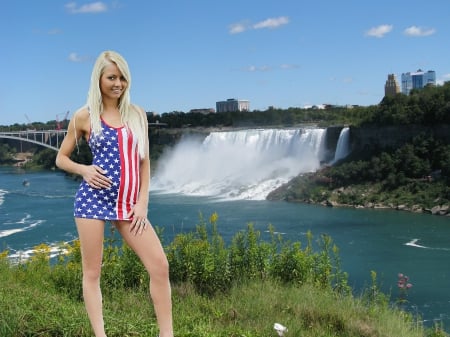 Patriotic Grace at the American Falls - waterfall, niagara falls, blonde, model