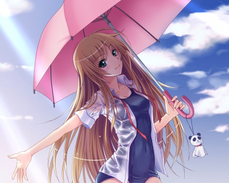 Clear Blue Sky - pretty, anime, kawaii, female, maiden, long hair, umbrella, hd, nice, sky, anime girl, swimsuit, beautiful, hot, girl, beauty, lovely, sweet, lady, cloud, cute, sexy