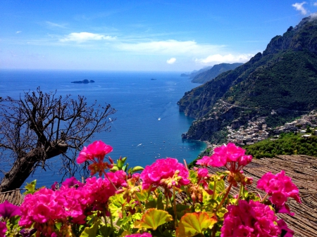 Coastal village - summer, rocks, beautiful, flowers, village, bay, blue, lake, houses, coast, view, sea, nature, mountain