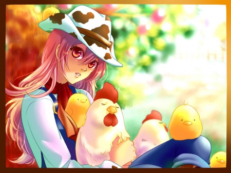 Chicks - chick, cute, maiden, beautiful, anime girl, girl, cowgirl, lady, hat, western, pretty, kawaii, beauty, sweet, anime, chicken, long hair, nice, lovely, female