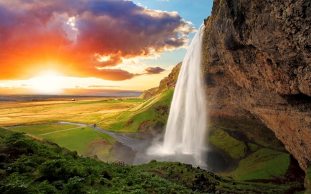 Waterfall - clouds, house, slope, valley, river, railing, sunset, waterfall, sun