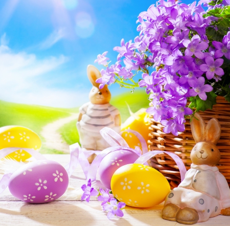 Easter Time - eggs, decoration, sunshine, spring, bunny, toy, easter, flowers, pastel