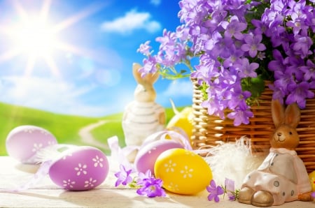 Easter Time - eggs, decoration, sunshine, spring, bunny, toy, happy, easter, flowers, sky, pastel