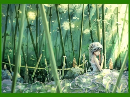 Bamboo Forest - beauty, nice, female, anime girl, pretty, green, plant, anime, scene, scenic, girl, lovely, gown, nature, forest, beautiful, scenery, sweet, bamboo, dress