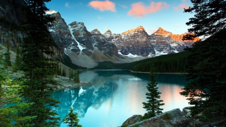 Moraine Lake, Banff National Park - firs, clouds, water, canada, mountains