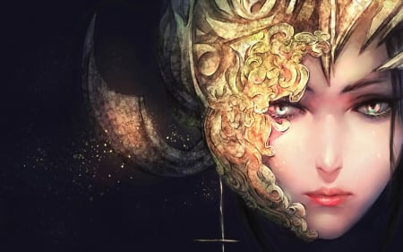 Fantasy girl - black, fantasy, woman, helmet, girl, face, golden, art