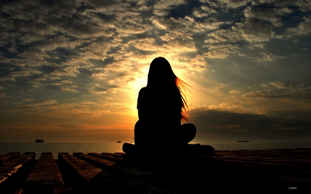 Waiting - waiting, water, summer, ship, boat, girl, sea, silhouette, orange, black, sunset, woman, cloud, sun, sky