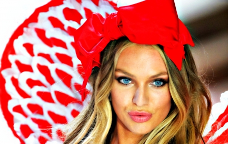 Candice Swanepoel - woman, girl, angel, blue eyes, wings, model, bow, red, candice swanepoel, blonde