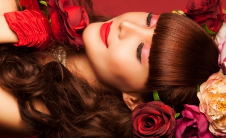 * Thoughts of you * - dreams, beauty, face, girl, smile, red lips, flowers, dreamer