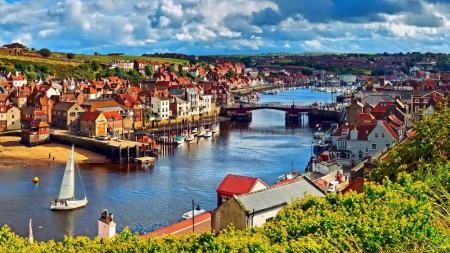 wonderful town harbor - boats, town, harbor, sky, brdge