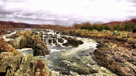 great falls on the potomac river in virginia - forest, rocks, clouds, river, falls