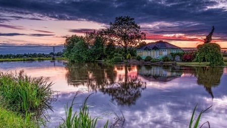 lake cottage at sundown hdr - clouds, trees, sundown, hdr, lake, cottage