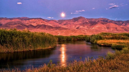 river in owens valley california under moonlight - moon, valley, reflection, river, mountains, reeds