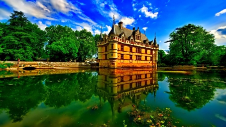 pond around a lovely palace hdr - sky, trees, reflection, hdr, pond, bridge, palace