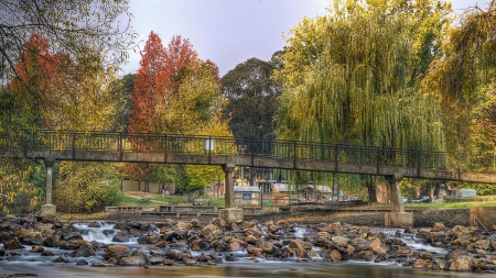 pedestrian bridge over a rapid river hdr - trees, river, ripids, pedestrians, hdr, bridge, rocks