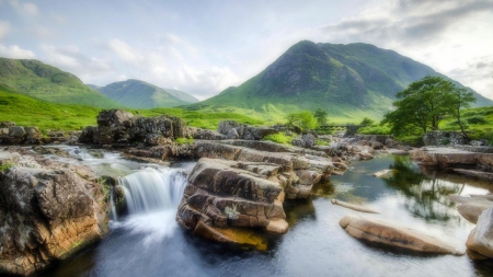 river in the scottish highlands - falls, river, mountains, grass, bridge, rocks